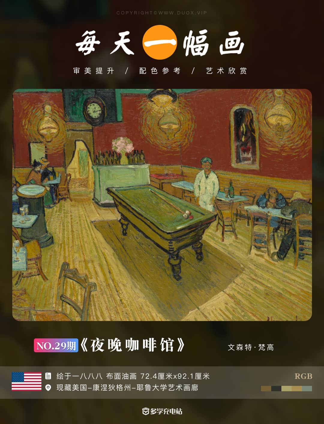 每日一画《夜晚咖啡馆》1888年 文森特·梵高