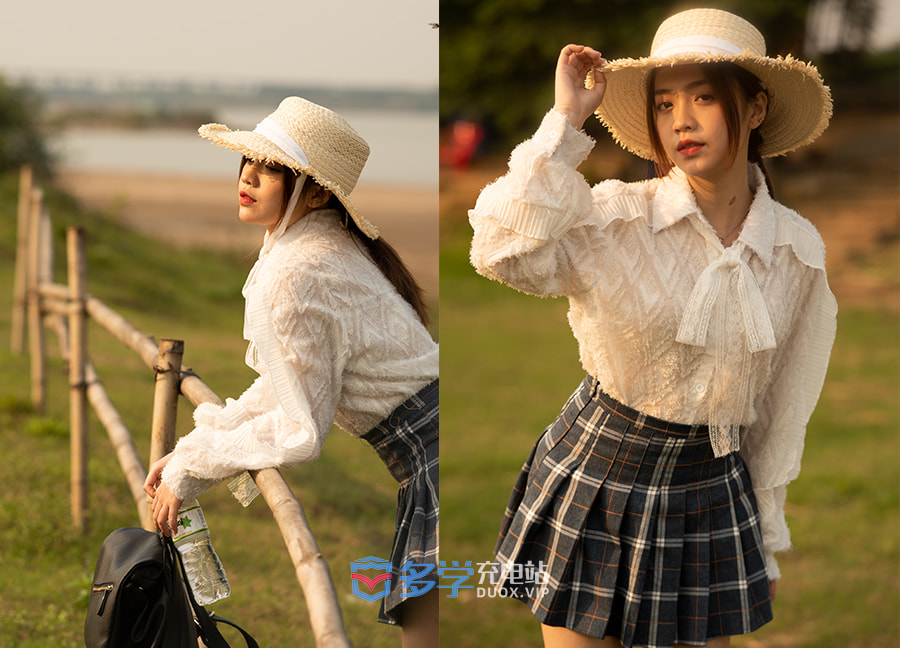 午后黄昏公园里闲心散步的草帽女孩尼康RAW格式图像练习原片 9P