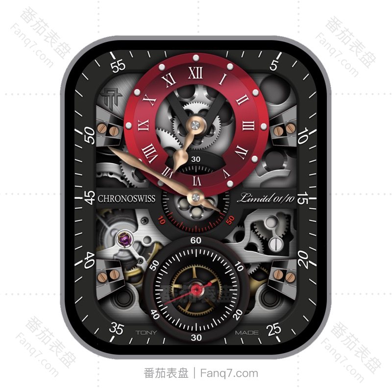 瑞宝表 CHRONOSWISS 复古红黑机械动态指针三盘表盘.clock&clcok2