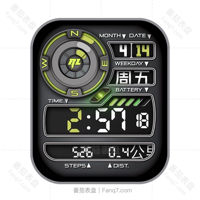 番茄表盘多功能炭黑绿日期时间日志步数表盘.clock&clcok2