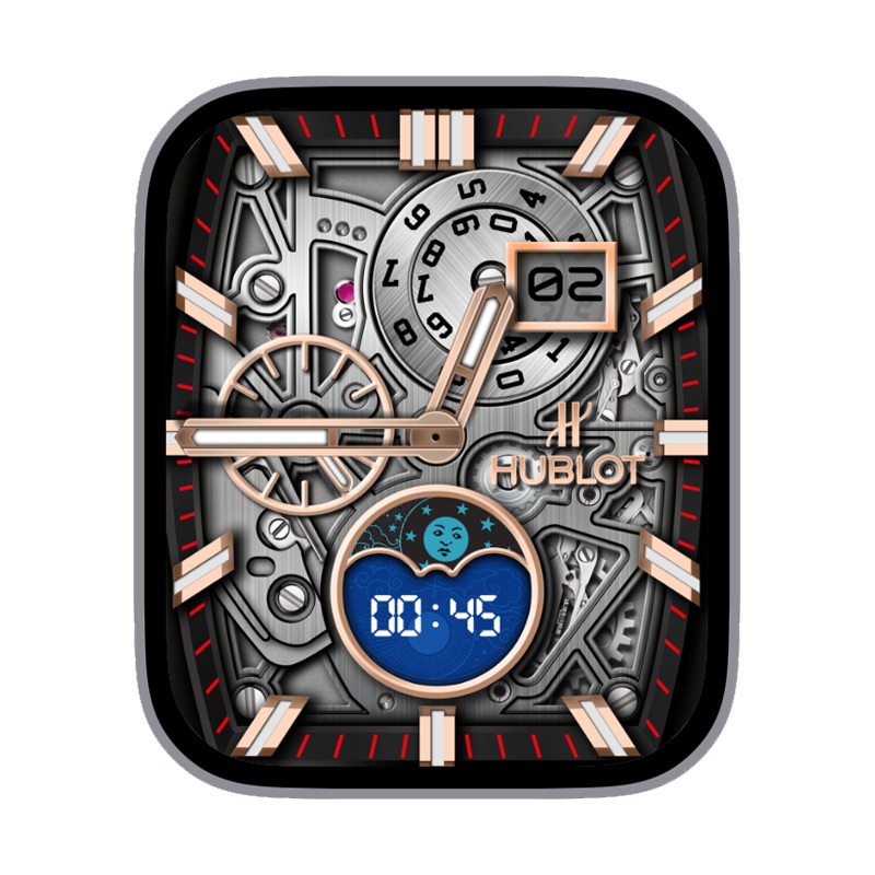 HUBLOT宇舶拉丝金属金色刻度指针日志月相数字时间表盘.clock&clcok2