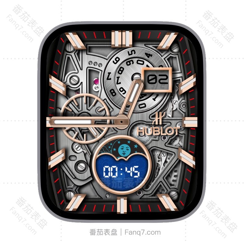 HUBLOT宇舶拉丝金属金色刻度指针日志月相数字时间表盘.clock&clcok2