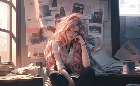 粉色长发女孩复古背景壁纸