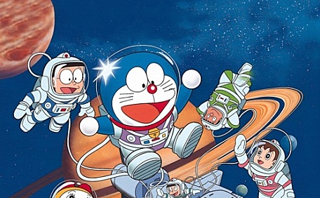 哆啦A梦遨游土星之上插画壁纸