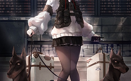 朋克女孩牵两只凶狠的狗壁纸