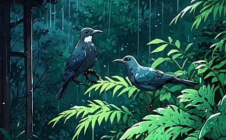 日系动漫乌鸦在雨中树尖站立壁纸