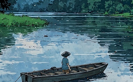 日系插画水中泛舟壁纸