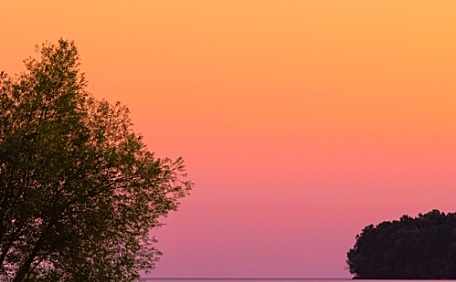 夕阳橙紫湖边斜着的树木风景壁纸