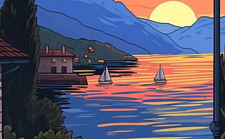 湖边上的小屋可爱插画壁纸