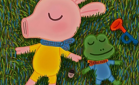 可爱小猪在草坪睡觉插画壁纸