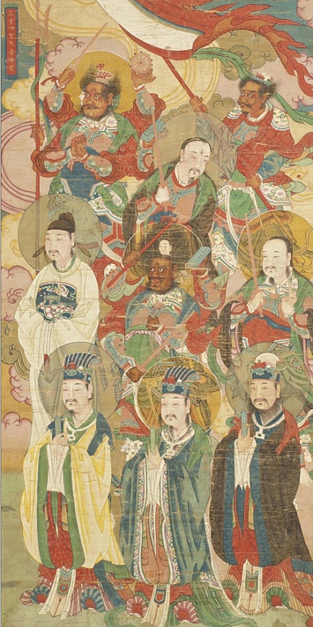 中国名画水陆画绢本重色《三官四圣大帝圣众》清代唐卡壁纸