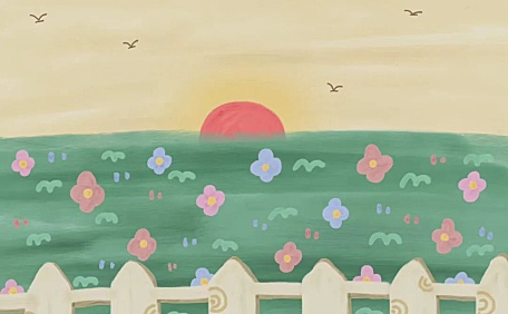 电脑ipad绿色草坪上野花红色日出插画卡通壁纸