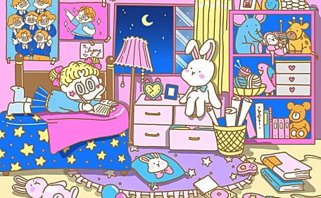 金发少女在粉色卧室里写作小兔蓝色星空卡通插画壁纸