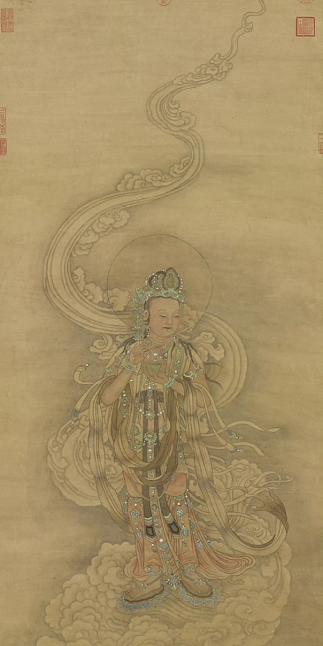 中国名画仇英《观世音菩萨轴》明代设色绢本壁纸