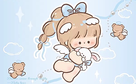 电脑ipad蓝色背景棕发小天使抱着小白兔可爱插画壁纸