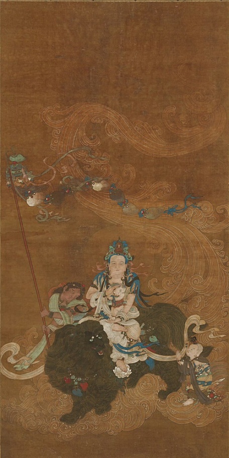 中国名画《送子观音图》明代绢本墨金色宗教佛教壁纸