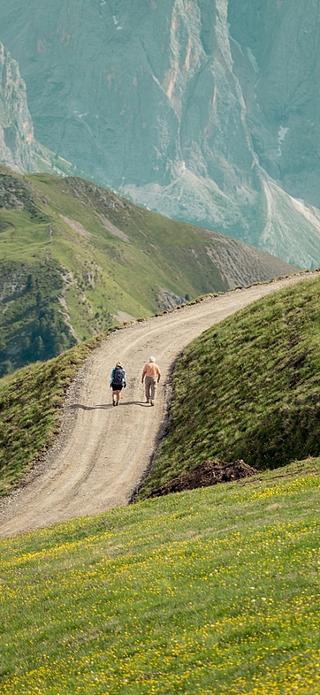 绿色高山草地上的登山路道和登山者悬崖风景壁纸