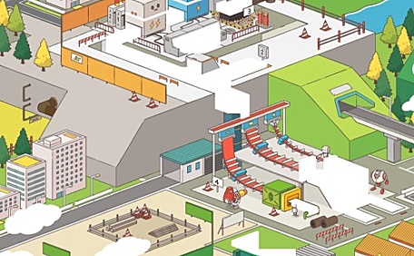 卡通小镇海边花园餐厅壁纸