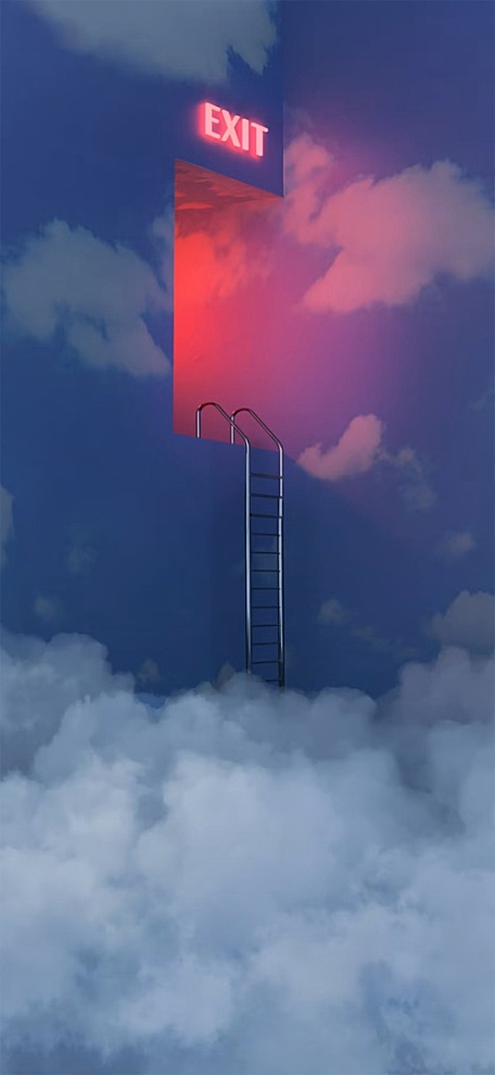 蓝色天空通往天空的阶梯红色晚霞插画壁纸