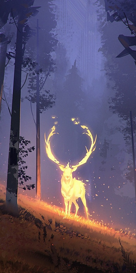 金黄色麋鹿在森林里夜晚卡通插画壁纸