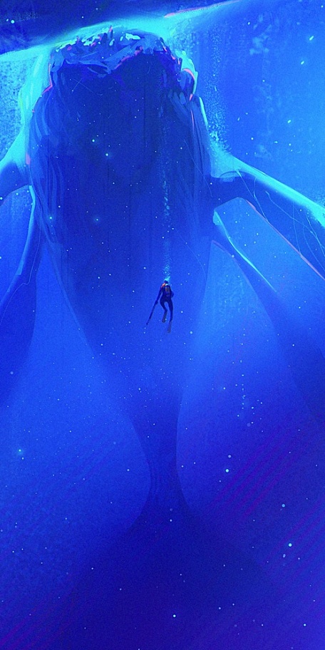 蓝色蓝鲸在海里潜水者卡通插画壁纸