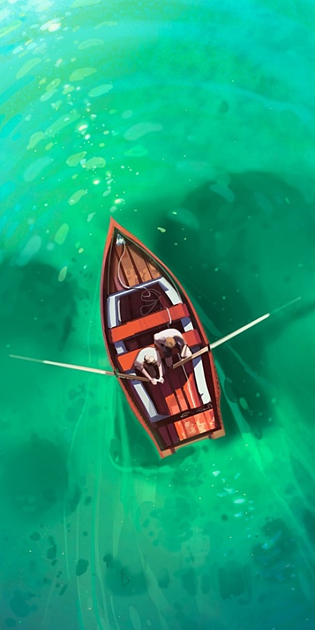 绿色湖景情侣在湖面上泛舟风景壁纸