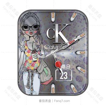 CK Calvin Klein酷银插画少女花朵背景表盘.clock