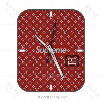 LV Supreme联名大红重复方格图案logo表盘.clock