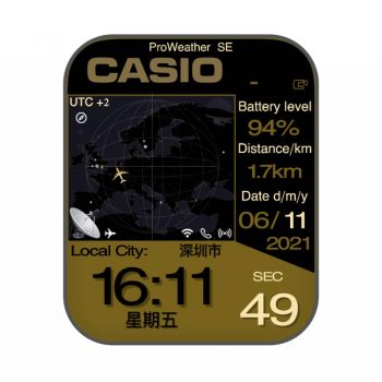 Casio卡西欧土色黑色地球飞机飞行轨迹表盘.clock