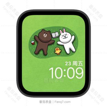 line friend草地上布朗熊和可妮兔莎莉鸡苹果iwatch壁纸表盘.watchface