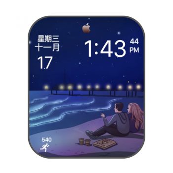 卡通情侣坐在海边夜晚海浪烂漫表盘.clock
