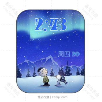 snoopy史努比与布朗在夜晚的雪地里滑雪表盘.clock