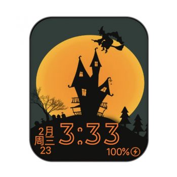 Halloween万圣节魔女飞过城堡橙色表盘.clock