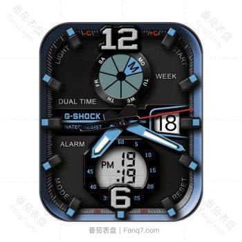 卡西欧G-SHOCK DUAL TIME酷蓝黑电子仪表表盘.clock